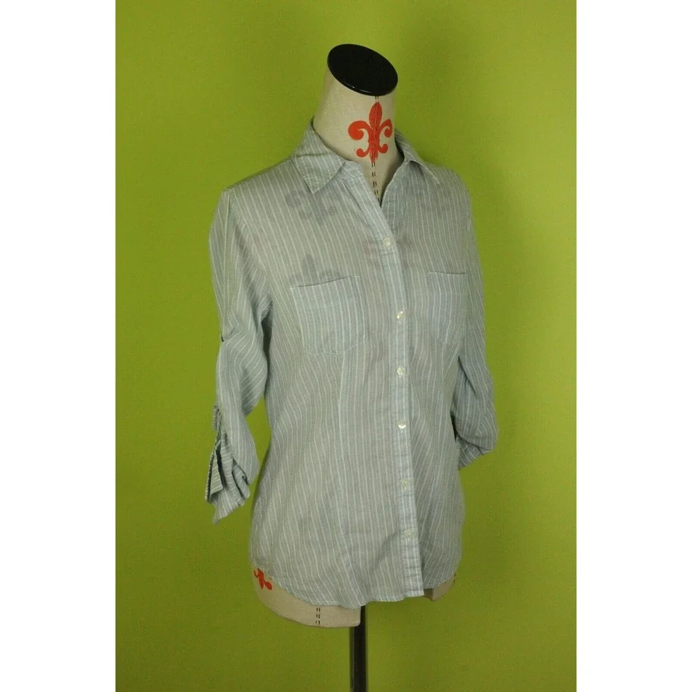 Converse One Star Sz S Women's Roll Tab Sleeve Cotton Shirt Top Blue Striped - Picture 4 of 9